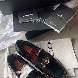 New Coach Black Leather Loafers with Floral Detail